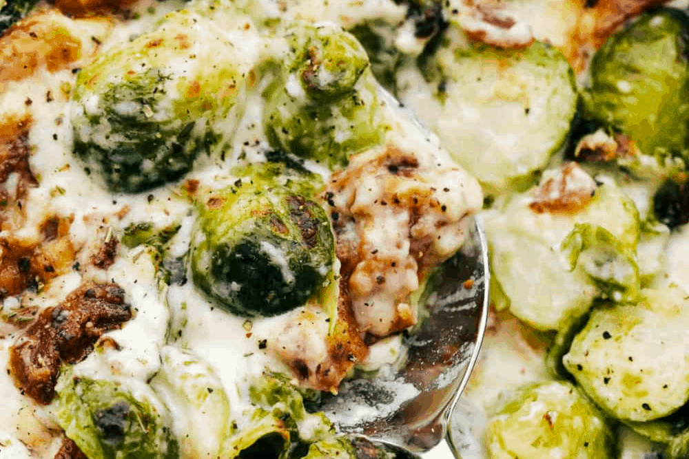 Creamy Parmesan Brussel Sprouts Gratin with Bacon