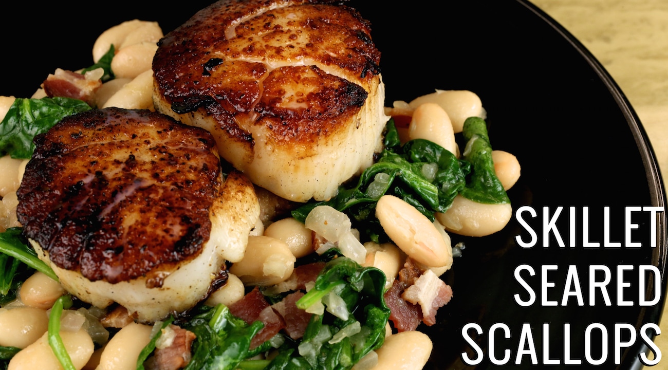 Skillet Seared Scallops with White Beans & Spinach Recipe