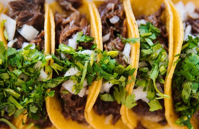 Closeup on a bunch of tacos with green leaves on top.